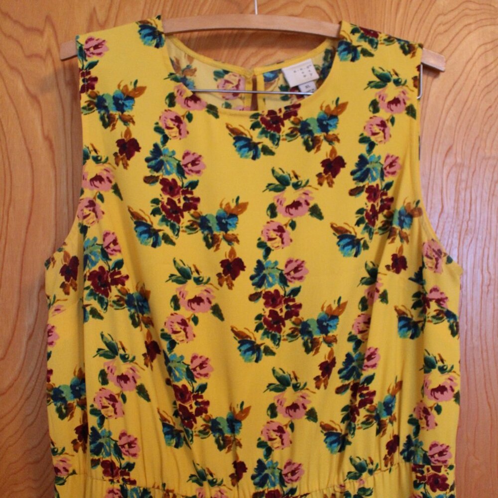 Yellow Floral Midi Dress, Size XL